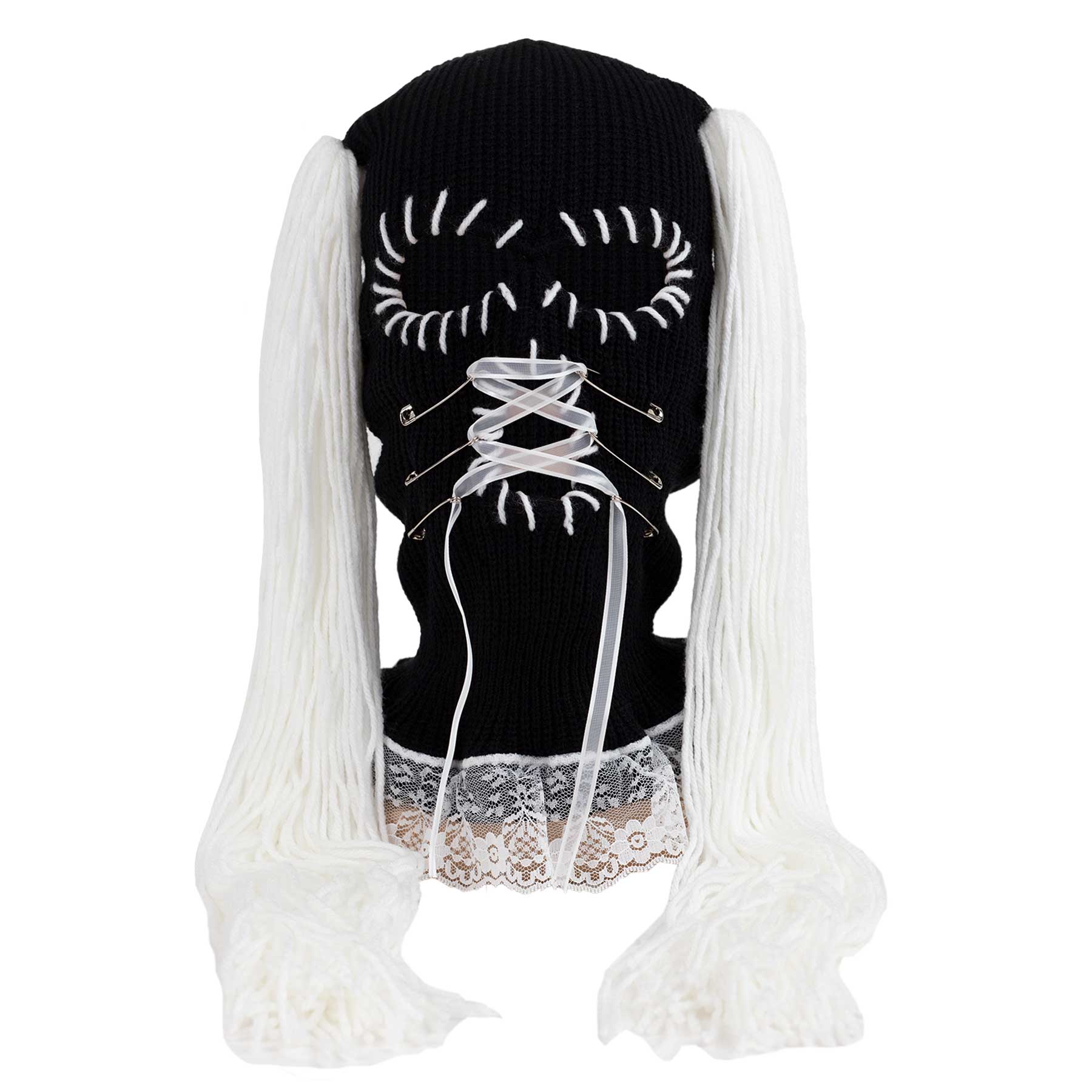 Black ski mask with white lace and white pigtail extensions